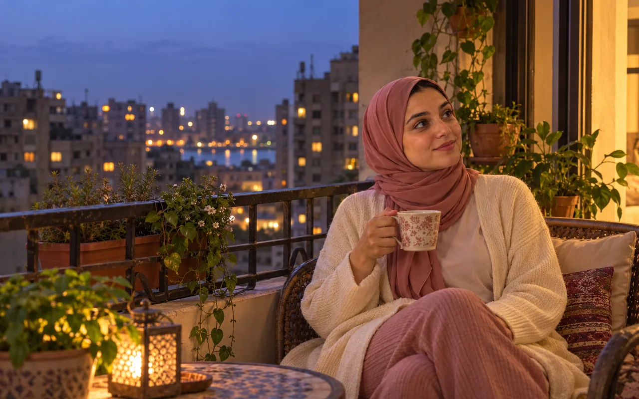 بالليل في البلكونة، مرتاحة ومش بتعيد الموقف في دماغها